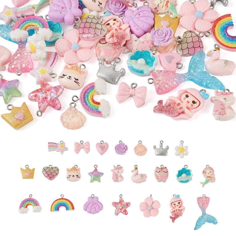 9963 46pc Resin Mermaid Charms - 23 Styles Fishtail Crown Star Unicorn